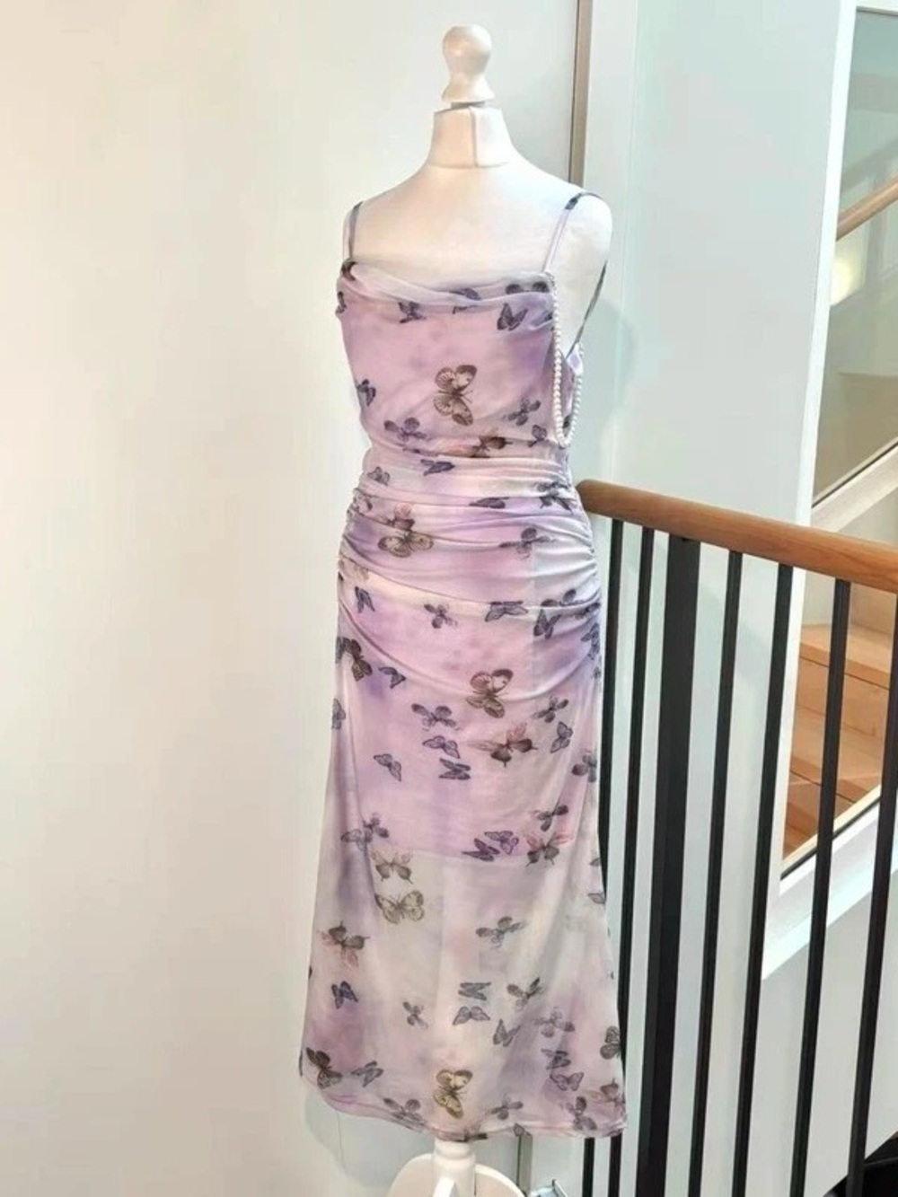 Lilac Butterfly-Print Cowl Neck Maxi Dress